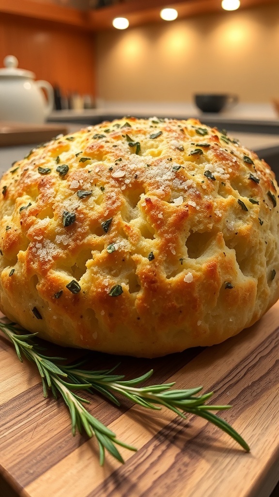 Freshly baked focaccia bread with herbs and sea salt on a wooden board.